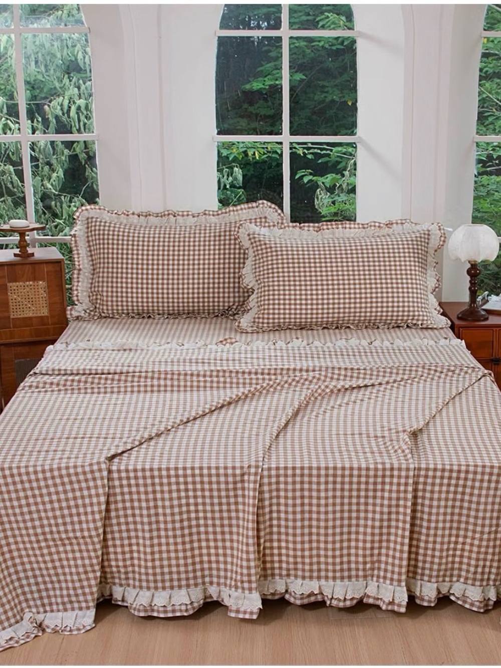 Classic Tan Gingham Ruffle Bedding Set - Soft Cotton Look